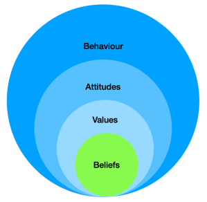 Diagram of concentric circles showing "Beliefs" in the centre, surrounded by values, attitudes and behaviour.